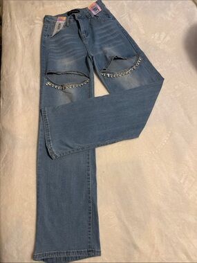 Women's Blue Rhinestone Distressed Straight-Leg Jeans